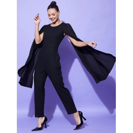 Generic Women's Polyeter Solid Cape Sleeve Jumpsuit (Black) Generic Women's Polyeter Solid Cape Sleeve Jumpsuit (Black)