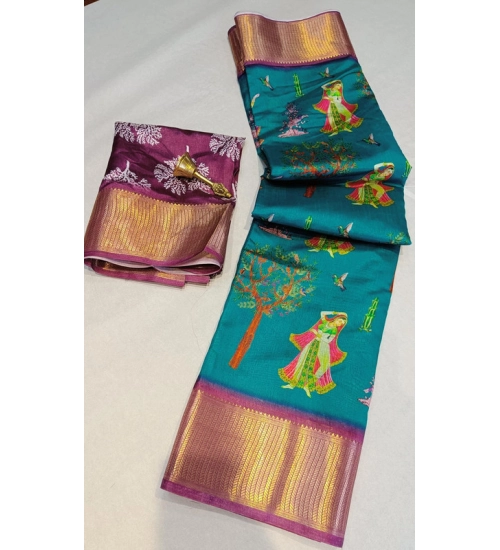 Generic Women's Digital Dolla Silk Printed Saree With Unstitched Blouse 5.5Mtr (Turquoise Green)