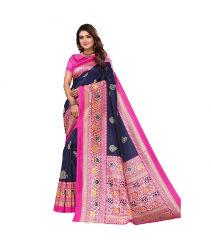 Generic Women's Litchi silk Printed Saree With Unstitched Blouse  5-6 Mtrs (Navy Blue)