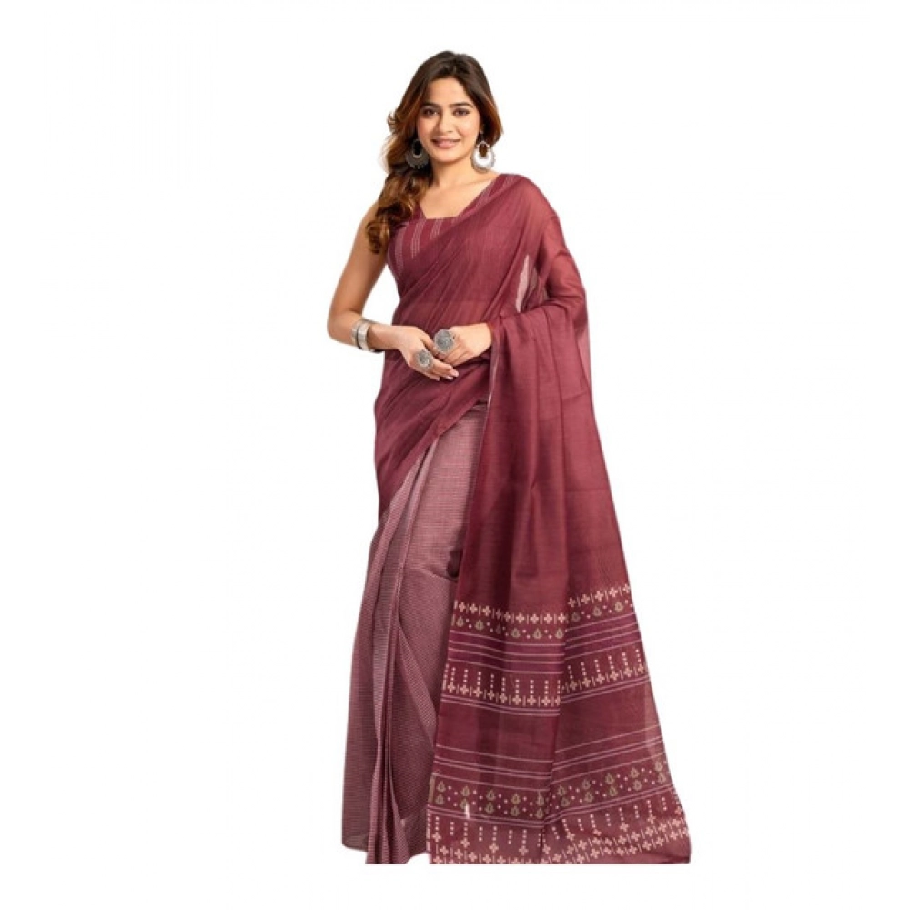 Generic Women's Linen Cotton Printed Ready To Wear With Pocket Saree With Unstitched Blouse 5.5 Mtr (Maroon)