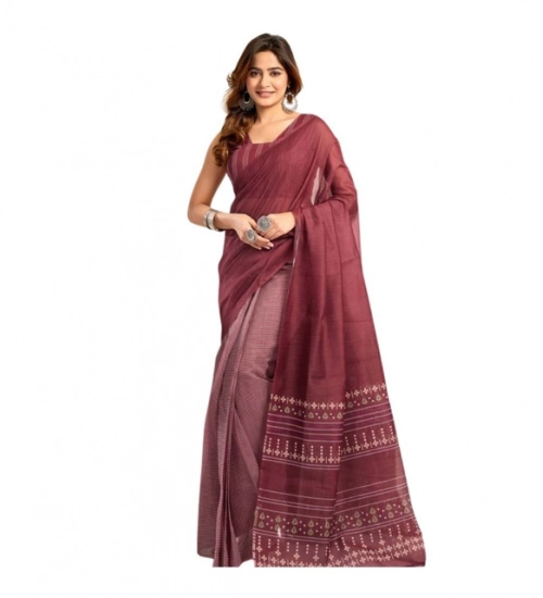 Generic Women's Linen Cotton Printed Ready To Wear With Pocket Saree With Unstitched Blouse 5.5 Mtr (Maroon)