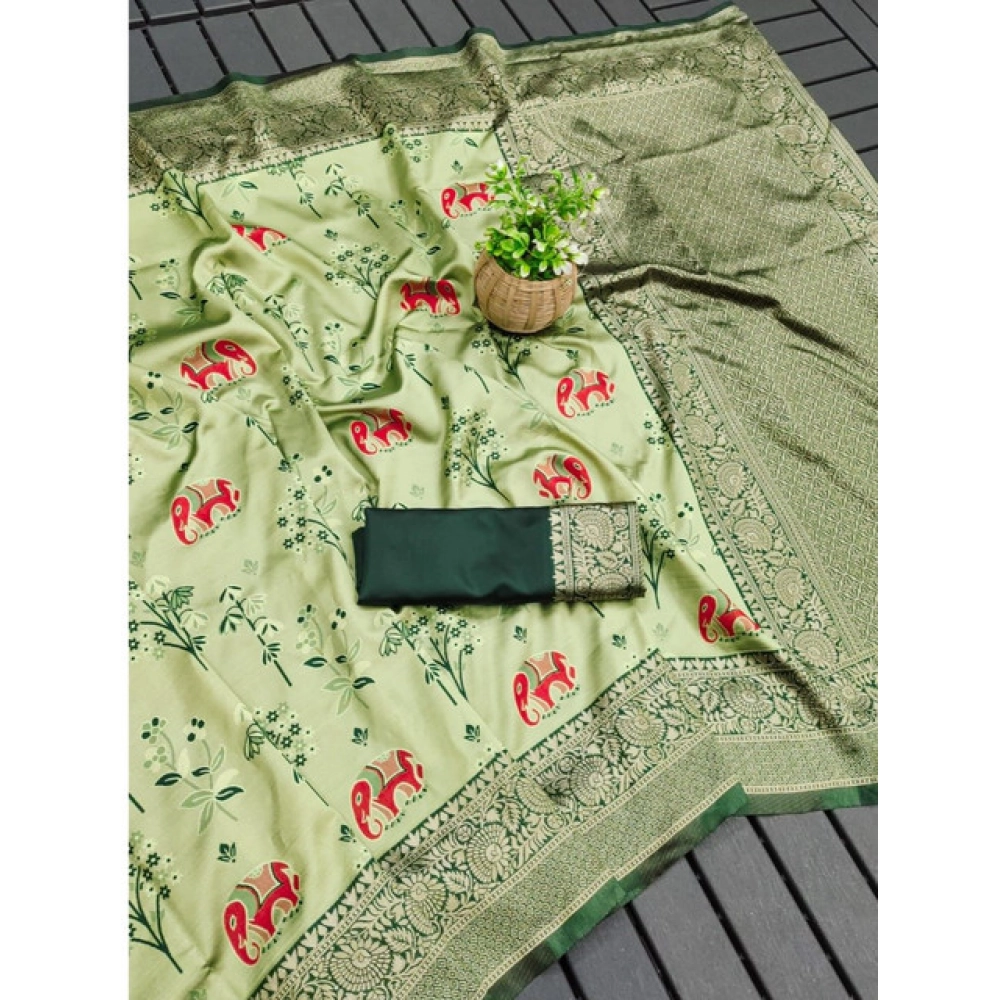 Generic Women's Soft Litchi Silk Jacquard Work Saree With Unstitched Blouse 5.5Mtr (Light Green)