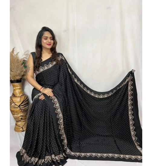 Generic Women's Satin Printed Saree With Unstitched Blouse 5.5Mtr (Black)