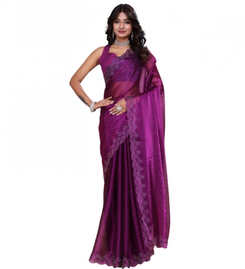Generic Women's Tissue Pure Silk Embellished Bollywood Saree With Unstitched Blouse 5.5Mtr (Purple)