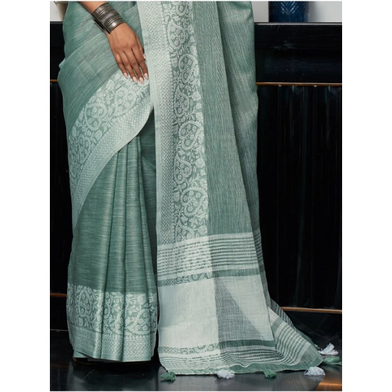 Generic Women's Linen Printed Saree With Unstitched Blouse 5.5Mtr (Sea Green)
