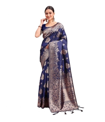 Generic Women's Banarasi Silk Printed Saree With Unstitched Blouse 5.5Mtr (Navy Blue)
