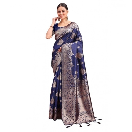 Generic Women's Banarasi Silk Printed Saree With Unstitched Blouse 5.5Mtr (Navy Blue)