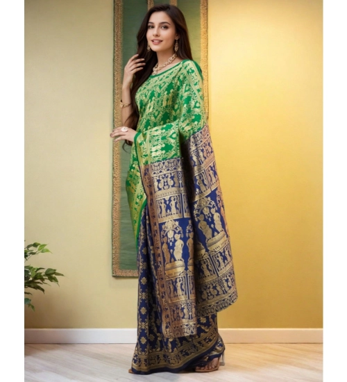 Generic Women's Silk Blend Zari Weaving Saree With Unstitched Blouse 5.5Mtr (Green)