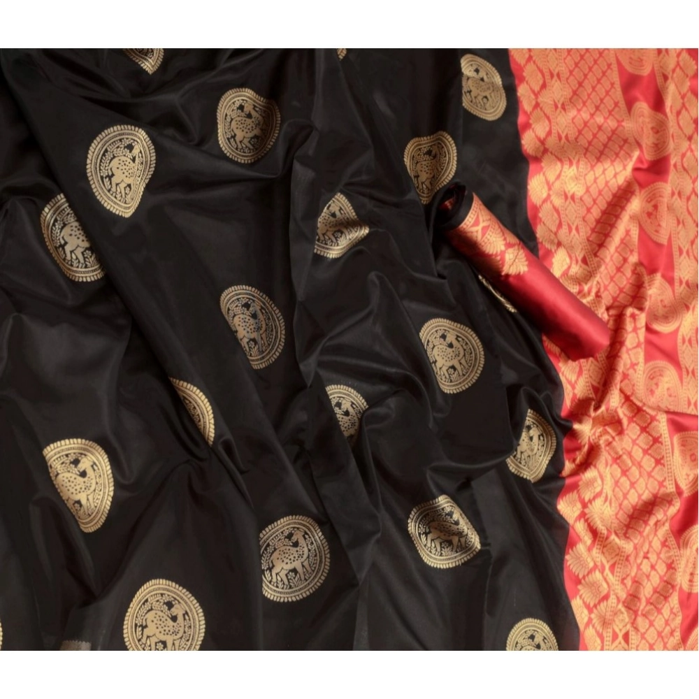 Generic Women's Soft Litchi Silk Jacquard Work Saree With Unstitched Blouse 5.5Mtr (Black)