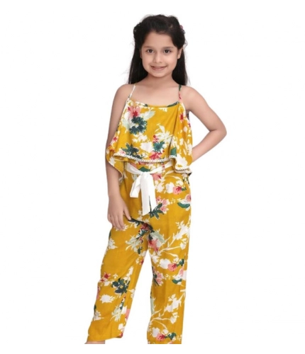 Generic Girl's Rayon Floral Shoulder Straps Jumpsuit (Mustard)