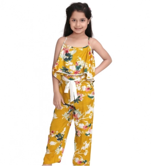 Generic Girl's Rayon Floral Shoulder Straps Jumpsuit (Mustard) Generic Girl's Rayon Floral Shoulder Straps Jumpsuit (Mustard)