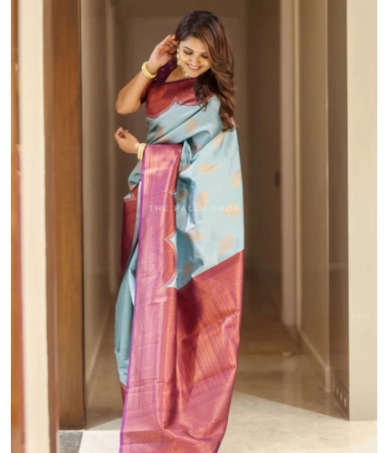 Generic Women's Soft Lichi Silk Printed Saree With Unstitched Blouse 5.5Mtr (Light-Blue)