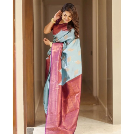 Generic Women's Soft Lichi Silk Printed Saree With Unstitched Blouse 5.5Mtr (Light-Blue)