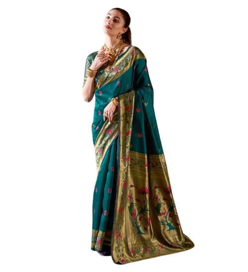 Generic Women's Silk Blend Zari Woven Saree With Unstitched Blouse 5.5Mtr (Teal)
