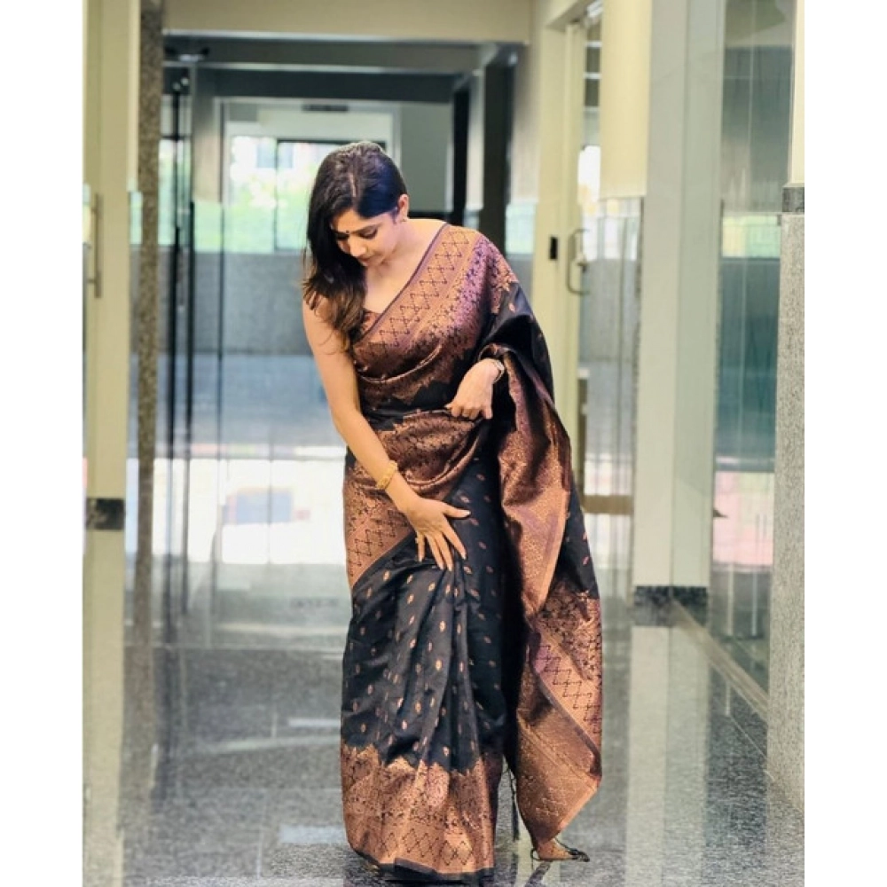 Generic Women's Soft Litchi Silk Jacquard Work Saree With Unstitched Blouse 5.5Mtr (Black)