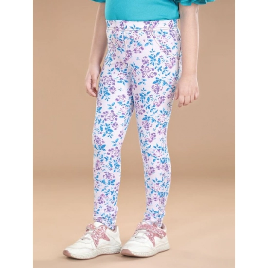 Generic Girl's Cotton Lycra Floral Elasticated Jeggings (White-Turquoise Blue) Generic Girl's Cotton Lycra Floral Elasticated Jeggings (White-Turquoise Blue)