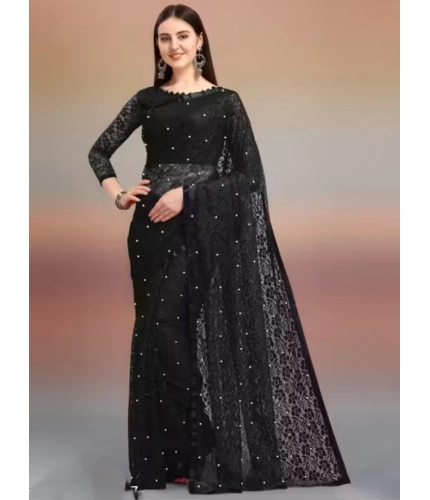 Generic Women's Net Self Design Saree With Unstitched Blouse 5.5Mtr (Black)