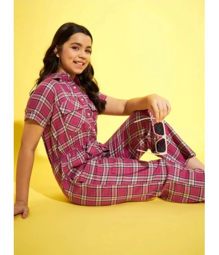 Generic Girl's Cotton Checkered Short Sleeves Jumpsuit (Pink)