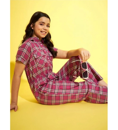 Generic Girl's Cotton Checkered Short Sleeves Jumpsuit (Pink)