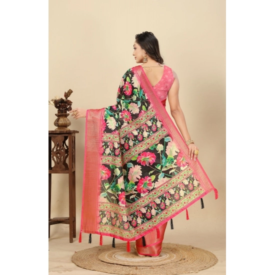 Generic Women's Cotton Silk Floral Printed Saree With Unstitched Blouse 5.5Mtr (Black)