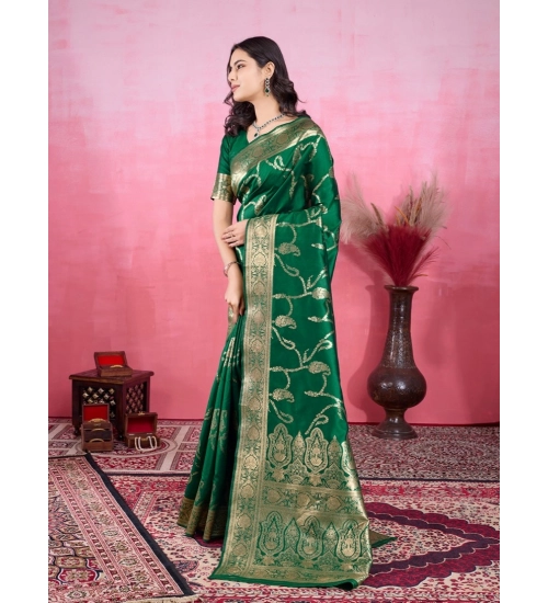 Generic Women's Banarasi Silk Printed Saree With Unstitched Blouse 5.5Mtr (Green)