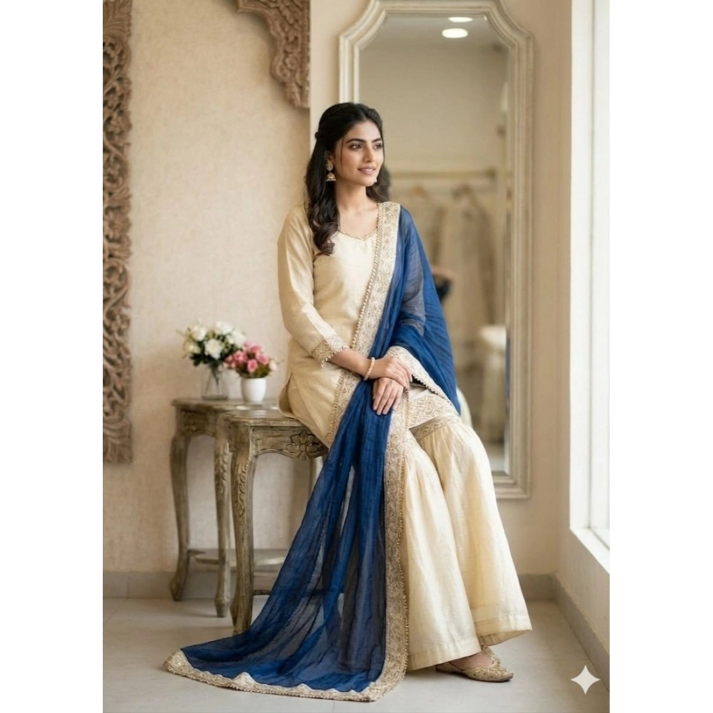 Generic Women's Silk Embroidered 3/4th Sleeve V-Neck Kurti With Sharara Pant and Dupatta Set (Cream & Blue) Generic Women's Silk Embroidered 3/4th Sleeve V-Neck Kurti With Sharara Pant and Dupatta Set (Cream & Blue)