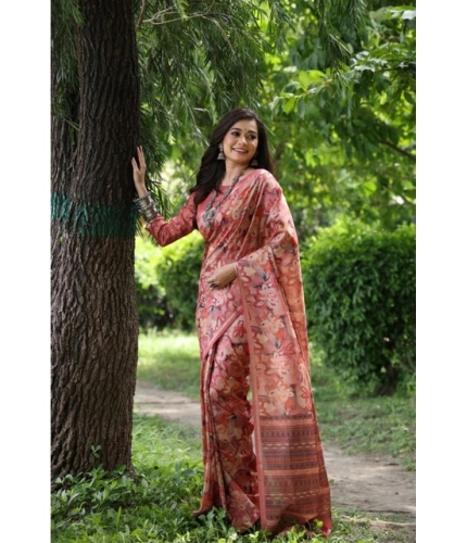 Generic Women's Faux_Tussar_Silk Abstract_Print Saree With Unstitched Blouse 5.5Mtr (Peach)