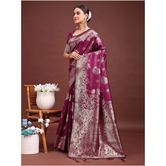 Generic Women's Banarasi Silk Printed Saree With Unstitched Blouse 5.5Mtr (Purple)
