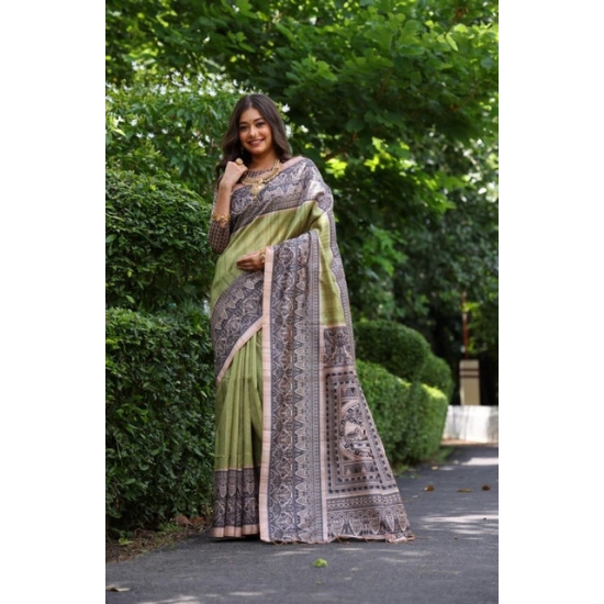Generic Women's Faux_Tussar Ethnic_Print Saree With Unstitched Blouse 5.5Mtr (Olive) Generic Women's Faux_Tussar Ethnic_Print Saree With Unstitched Blouse 5.5Mtr (Olive)