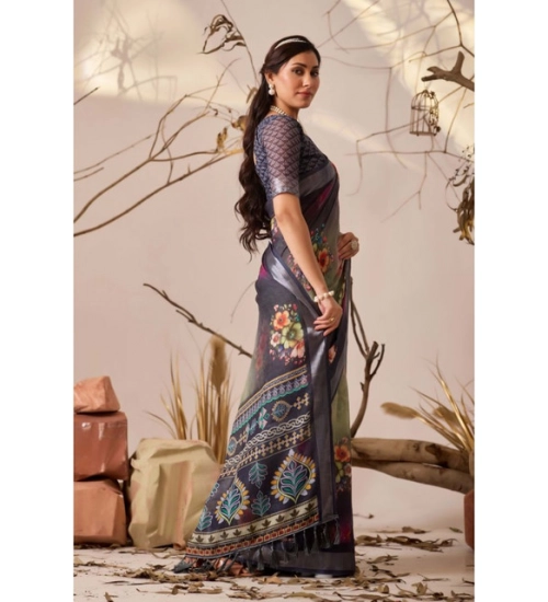 Generic Women's Faux_Linen Printed Saree With Unstitched Blouse 5.5Mtr (Navy_Blue)