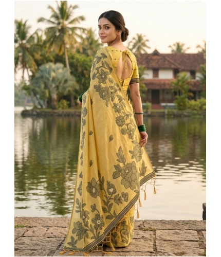 Generic Women's Linen Cotton Printed Saree With Unstitched Blouse 5.5Mtr (Yellow)