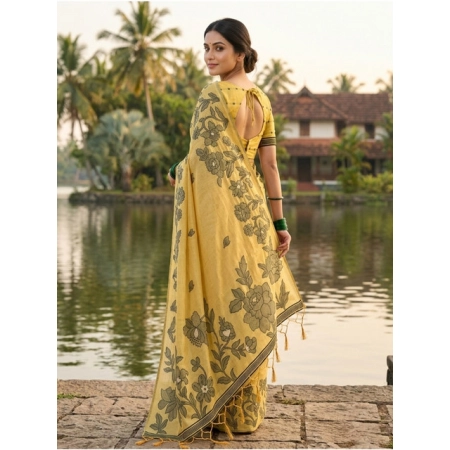 Generic Women's Linen Cotton Printed Saree With Unstitched Blouse 5.5Mtr (Yellow)