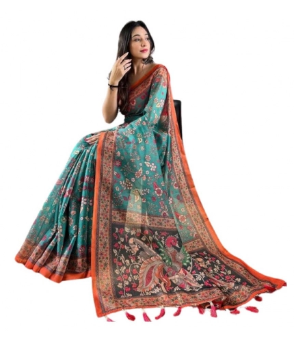 Generic Women's Linen Printed Saree With Unstitched Blouse 5.5Mtr (Olive)