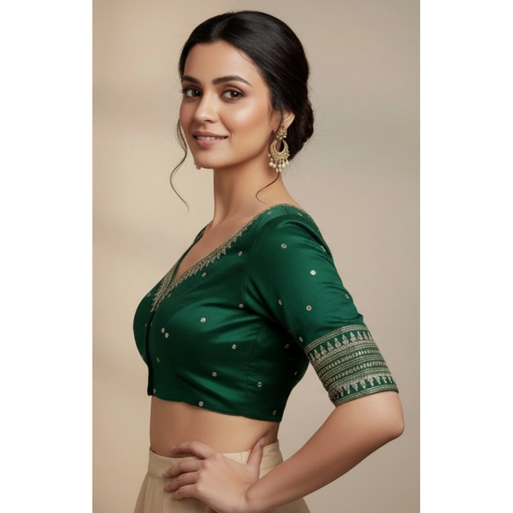 Generic Women's Vichitra Silk V Neck Padded Blouse (D-Green, 38 Ready Size (Self-Alterable 36–40)