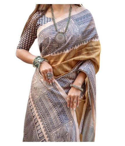 Generic Women's Faux_Tussar Geometric_Print Saree With Unstitched Blouse 5.5Mtr (Mustard)