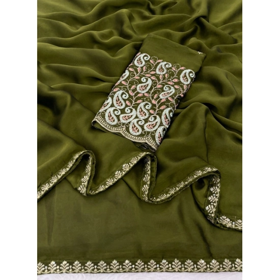 Generic Women's Chiffon Embroidered Saree With Unstitched Blouse 5.5Mtr (Olive Green) Generic Women's Chiffon Embroidered Saree With Unstitched Blouse 5.5Mtr (Olive Green)