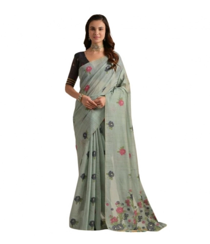 Generic Women's Blended_Cotton Floral Motifs And Woven Buttas Saree With Unstitched Blouse 5.5Mtr (Teal)