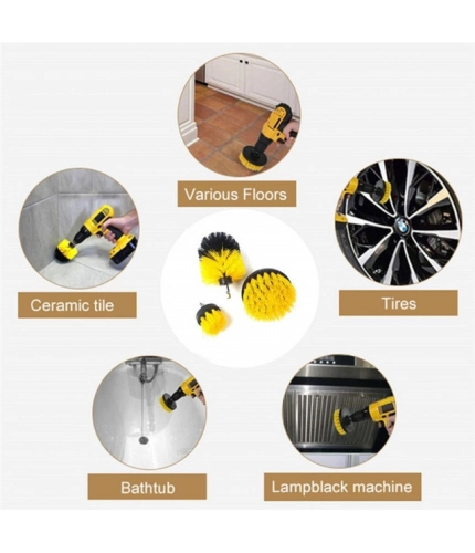 Generic Pack Of 3 Polypropylene Solid Power Drill Scrub Brush Cleaning Set (Yellow-Black)
