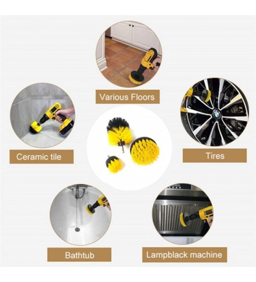 Generic Pack Of 3 Polypropylene Solid Power Drill Scrub Brush Cleaning Set (Yellow-Black)