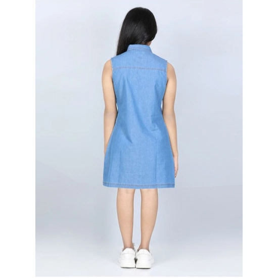 Generic Girl's Denim Solid Cold Shoulder Dress (Blue) Generic Girl's Denim Solid Cold Shoulder Dress (Blue)