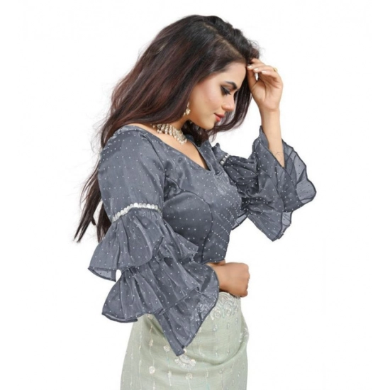 Generic Women's Organza Solid V Neck Layered Ruffle Sleeve Readymade Blouse (Grey Free Size , up to 38–40 Bust)-PID65851 Generic Women's Organza Solid V Neck Layered Ruffle Sleeve Readymade Blouse (Grey Free Size , up to 38–40 Bust)-PID65851