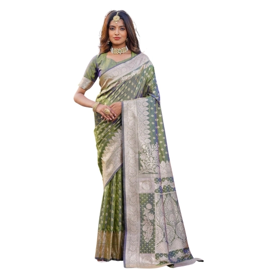 Generic Women's Jacquard Printed Saree With Unstitched Blouse 5.5Mtr (Olive Green)