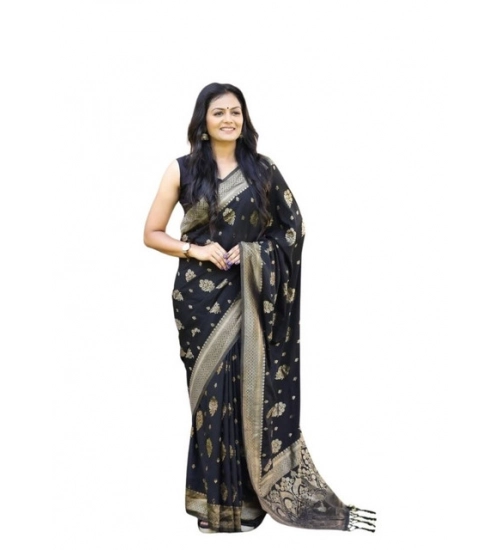 Generic Women's Soft Lichi Silk Printed Saree With Unstitched Blouse 5.5Mtr (Black)