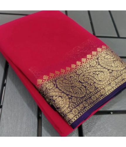 Generic Women's Crepe Chit Pallu Solid Saree With Unstitched Blouse 5.5Mtr (Red)