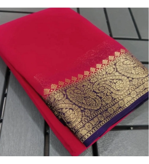 Generic Women's Crepe Chit Pallu Solid Saree With Unstitched Blouse 5.5Mtr (Red)