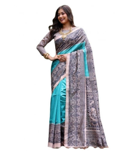 Generic Women's Faux_Tussar Ethnic_Print Saree With Unstitched Blouse 5.5Mtr (Aqua_Blue)