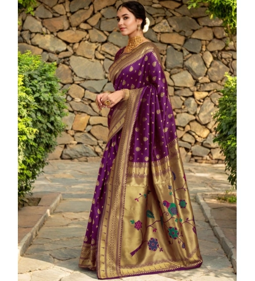 Generic Women's Silk Blend Zari Weaving Saree With Unstitched Blouse 5.5Mtr (Purple)