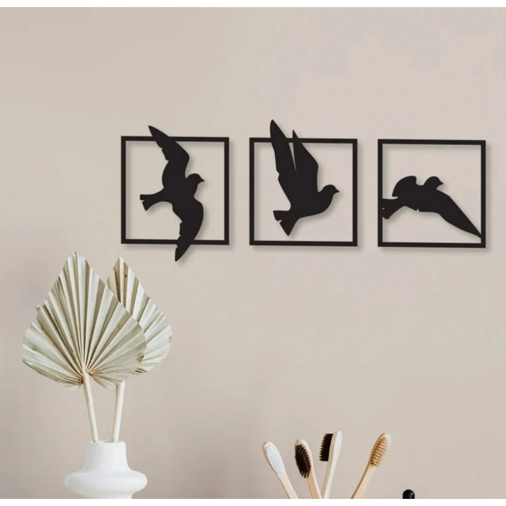 Generic Birds in Frame Wooden Wall Decor – Set of 3 Panels (Black)