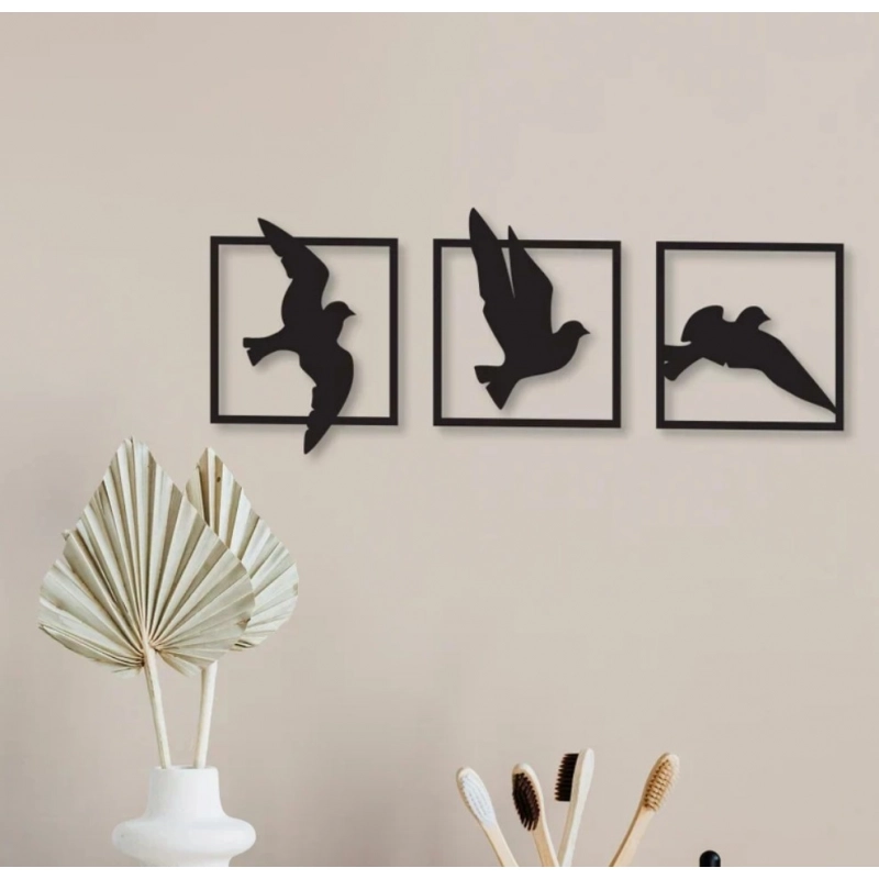 Generic Birds in Frame Wooden Wall Decor – Set of 3 Panels (Black)