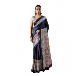 Generic Women's Satin Crepe Printed Saree With Unstitched Blouse 5.5Mtr (Navy Blue)